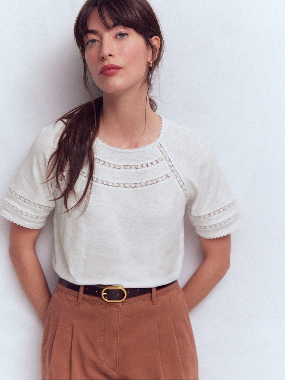 Boden White Lace-Trim Short Sleeve Top
